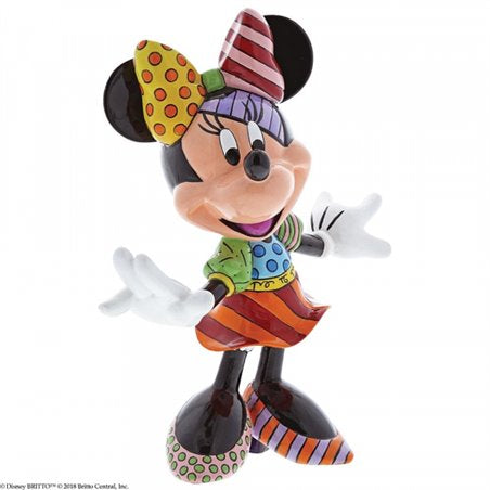 "Uniek Minnie Mouse-beeldje van Romero Britto in levendige kleuren en speelse patronen, handbeschilderd met hoogglans afwerking."