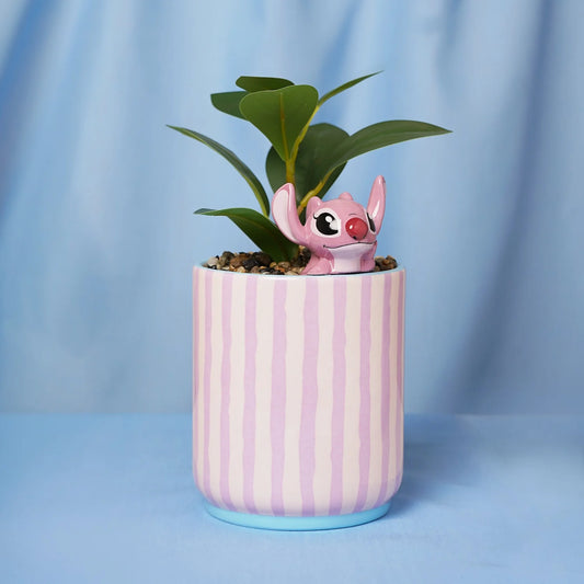 Disney Angel plantenpot met mini Angel-figuurtje en realistische nep plant, een kleurrijke en schattige decoratie voor elk interieur.