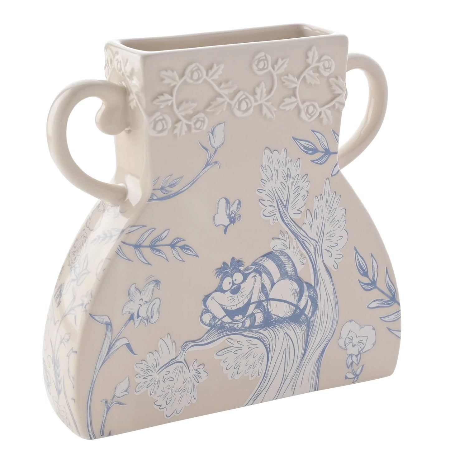 "Keramische vaas geïnspireerd op de Cheshire Cat uit Alice in Wonderland, gedetailleerd met strepen en een speelse glimlach."