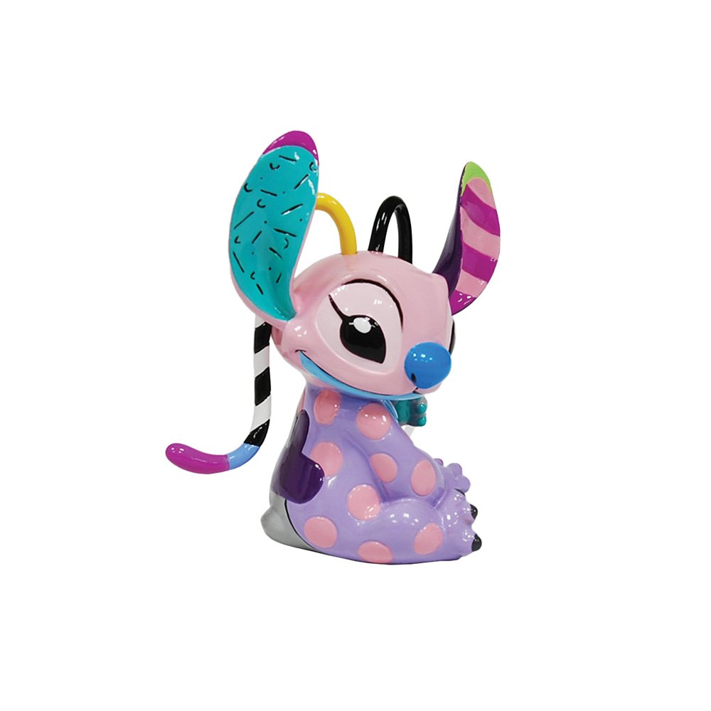 Handbeschilderd Angel-beeldje uit Lilo & Stitch in kleurrijke popartstijl van Romero Britto, gemaakt van gegoten steen en geleverd in Disney-geschenkdoos.