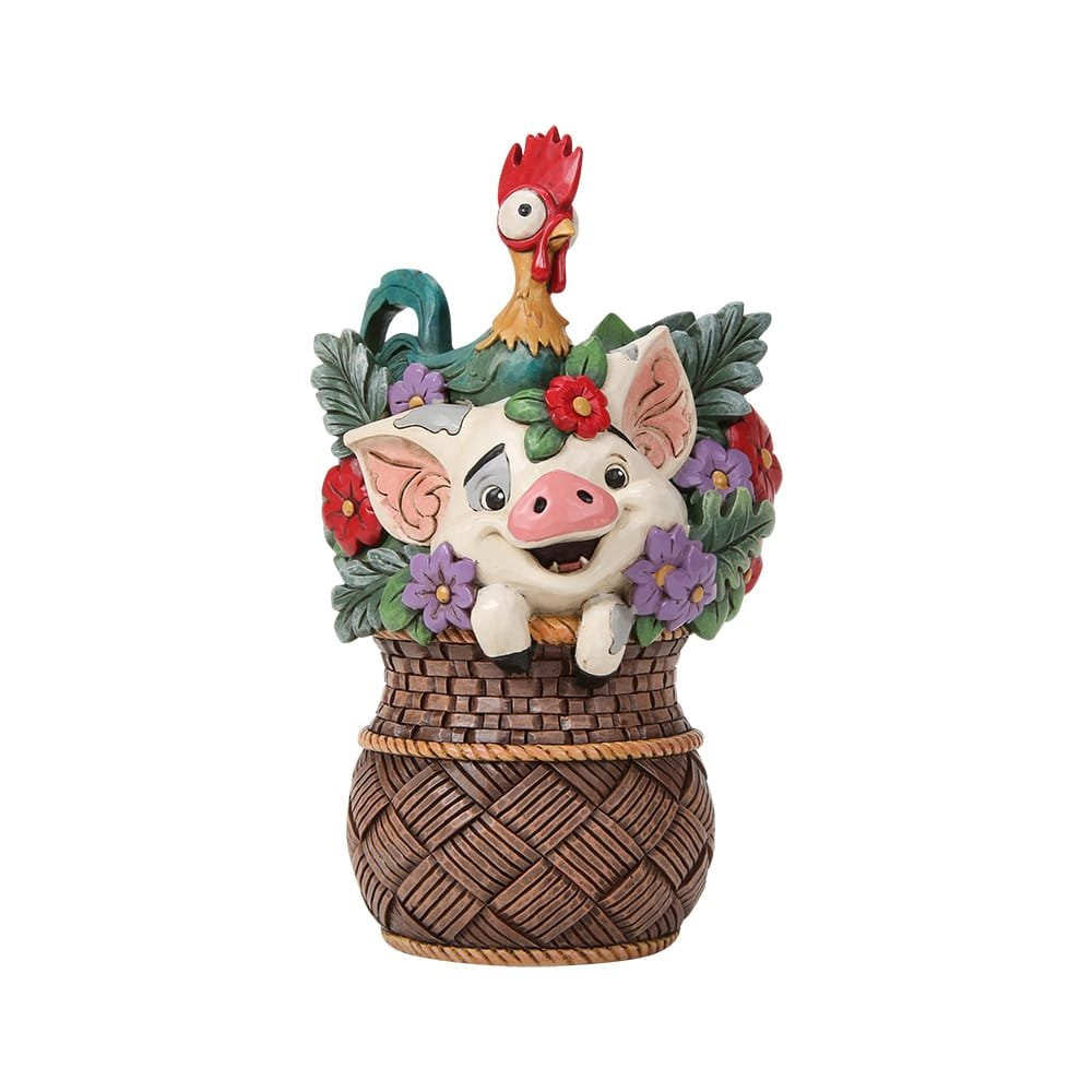 Disney Traditions Pua en Hei Hei in bloemenmand Moana beeld van Jim Shore met handgeschilderde details.