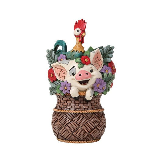 Disney Traditions Pua en Hei Hei in bloemenmand Moana beeld van Jim Shore met handgeschilderde details.