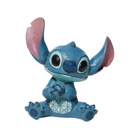 Miniatuurbeeldje van Stitch met vredige uitstraling, handgemaakt en handgeschilderd in hoogwaardige gegoten steen, verpakt in stijlvolle geschenkdoos.