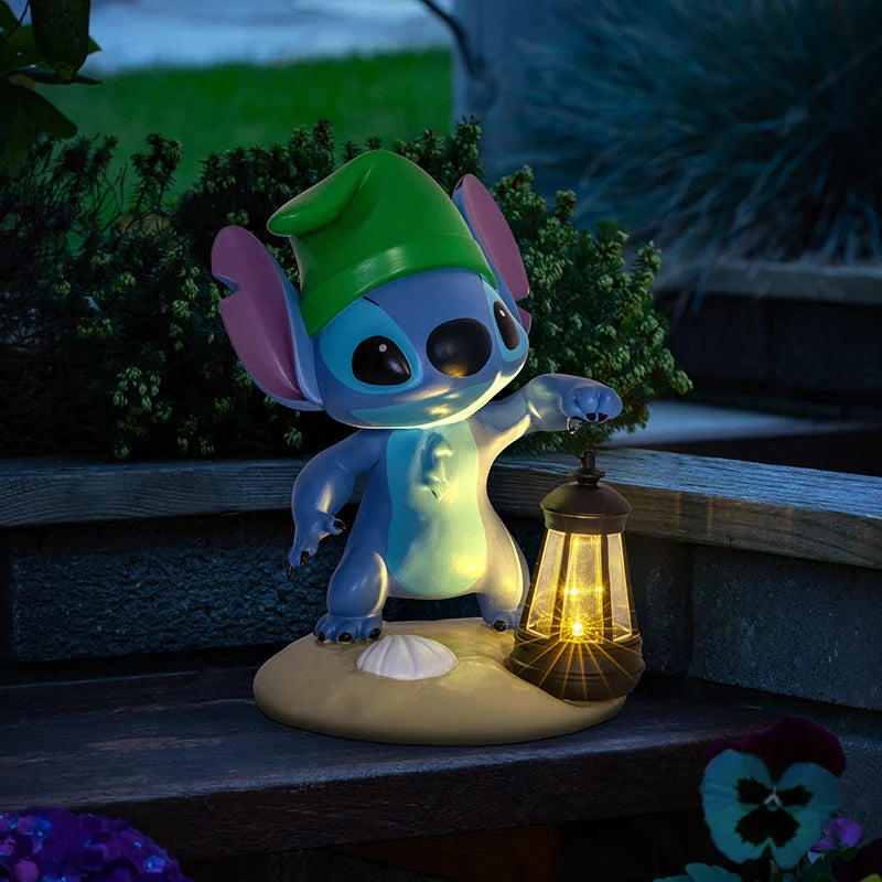 Stitch solar beeld met lantaarn van hars, buitenverlichting op zonne-energie voor tuin en balkon