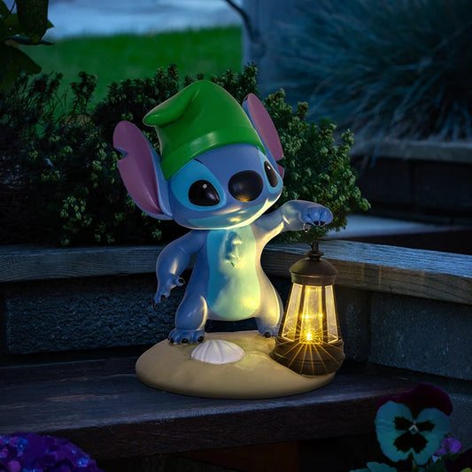 Stitch solar beeld met lantaarn van hars, buitenverlichting op zonne-energie voor tuin en balkon