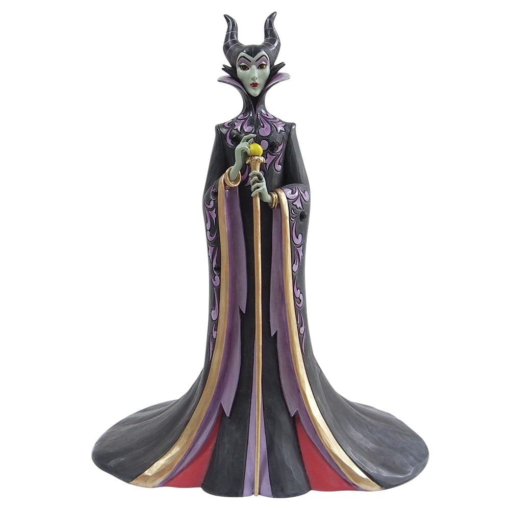 "Jim Shore miniatuur van Maleficent Deluxe uit Sleeping Beauty, handgeschilderd met sierlijke patronen en levendige kleuren, mysterieus en indrukwekkend."
